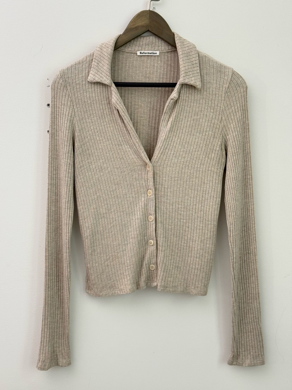 Reformation Oatmeal Ribbed Long Sleeve Collared Cardigan S